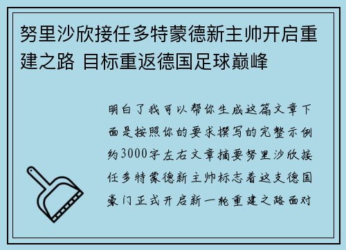 努里沙欣接任多特蒙德新主帅开启重建之路 目标重返德国足球巅峰