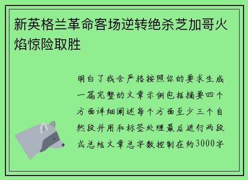 新英格兰革命客场逆转绝杀芝加哥火焰惊险取胜