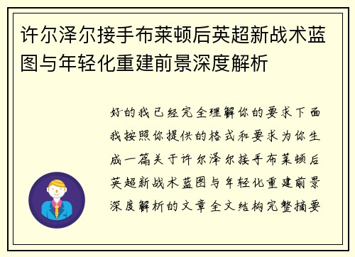 许尔泽尔接手布莱顿后英超新战术蓝图与年轻化重建前景深度解析